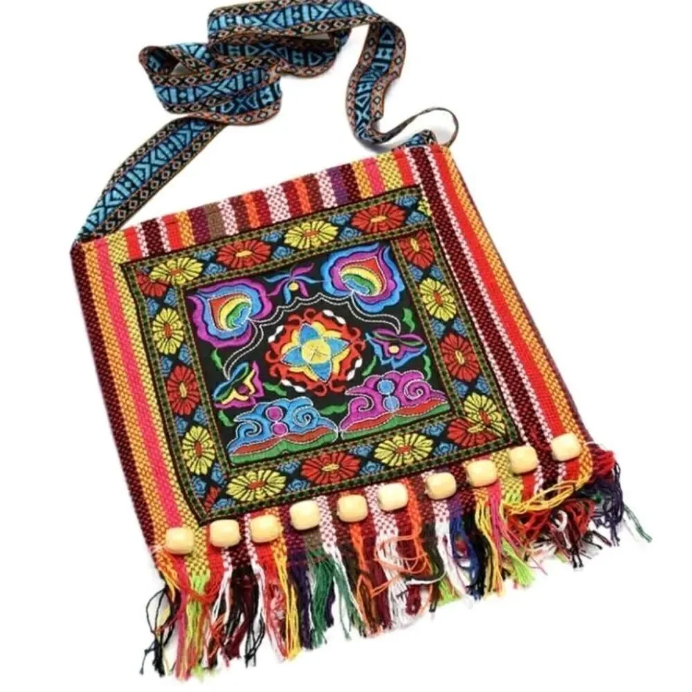 Gypsy Hobo Quilted Embroidered Color Block Tassel Messenger Crossbodty Bag Purse